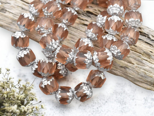 *15* 8mm Silver Washed Matte Peach Fire Polished Cathedral Beads