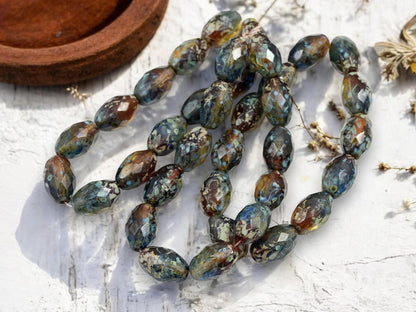 *12* 12x8mm Moss Amber Picasso Fire Polished Faceted Oval Beads