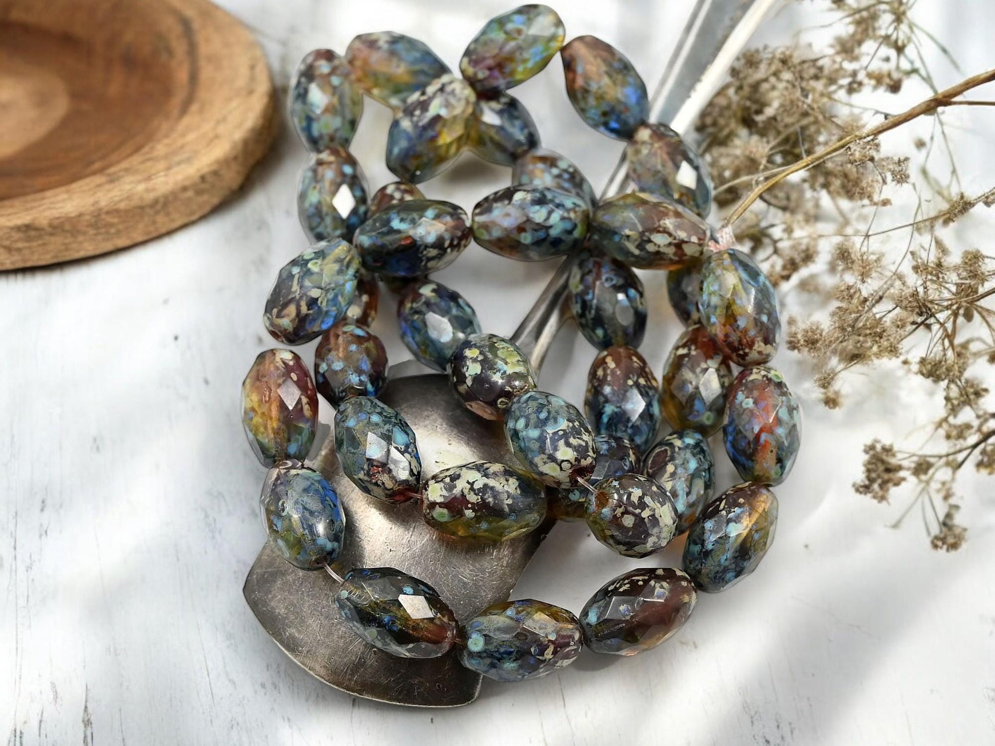 *12* 12x8mm Moss Amber Picasso Fire Polished Faceted Oval Beads