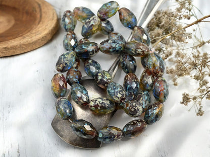 *12* 12x8mm Moss Amber Picasso Fire Polished Faceted Oval Beads