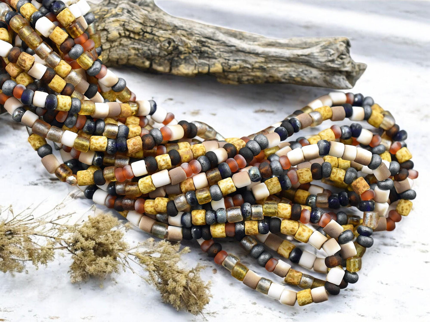 6/0 Aged Matte Honeycomb Tube Picasso Mix Seed Beads (20" Strand)