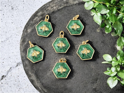 *2* 15x14mm 18k Gold Plated Green Enamel Bee Charms