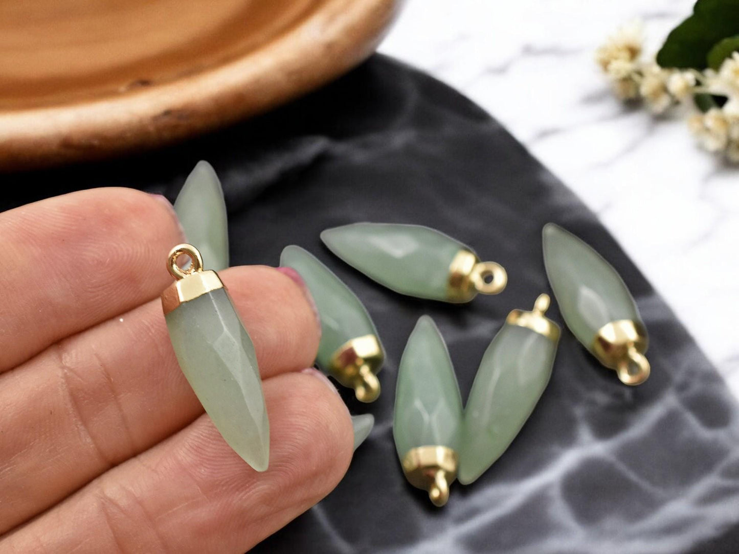 25-26mm Gold Tone Natural green Aventurine Pointed Bullet Pendant