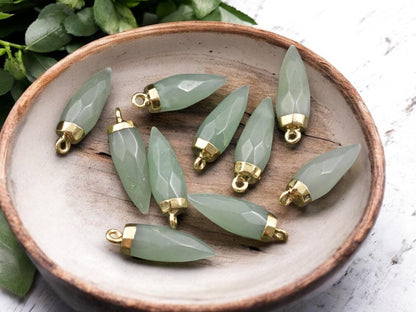 25-26mm Gold Tone Natural green Aventurine Pointed Bullet Pendant