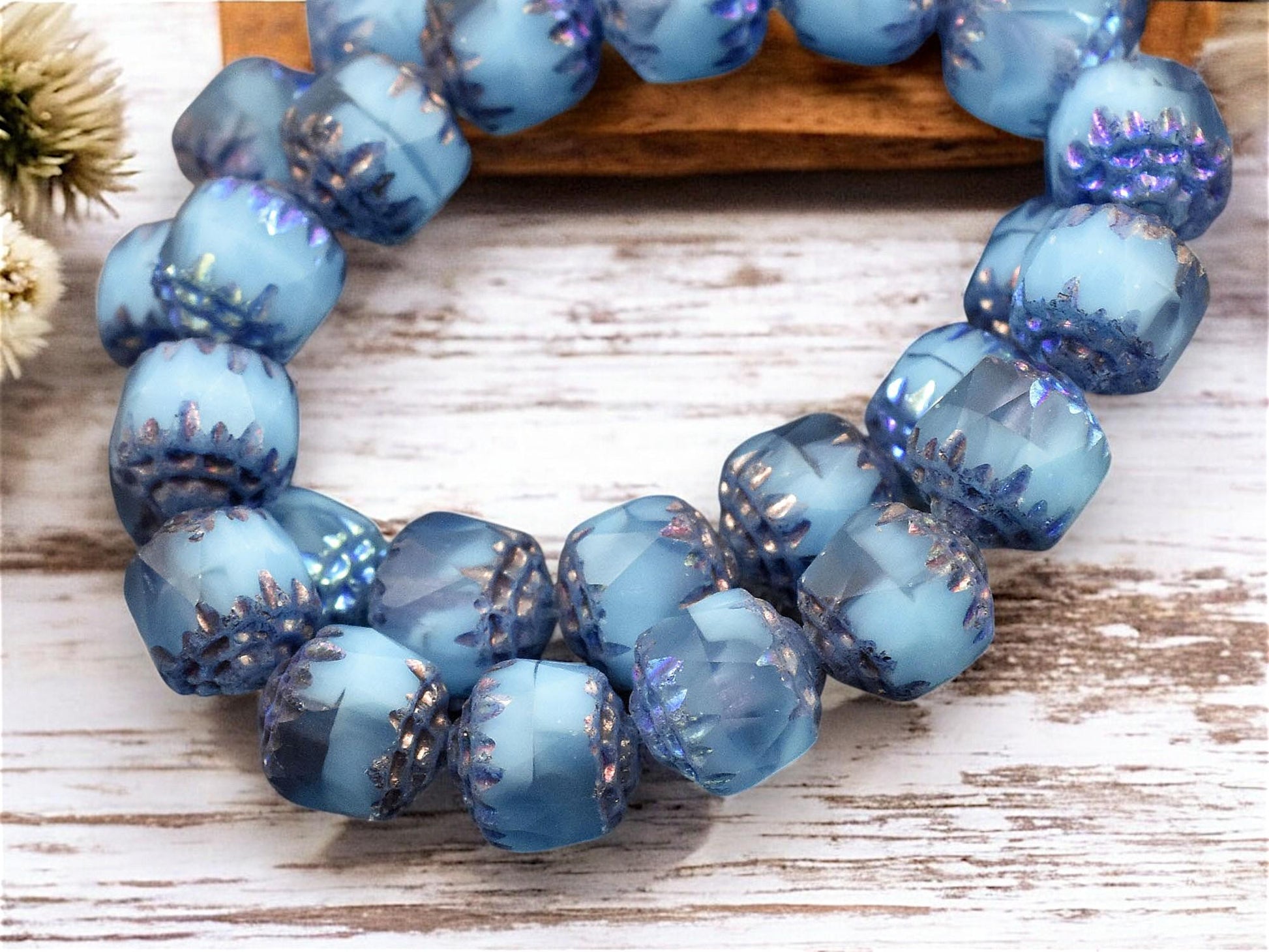 *15* 8mm Metallic Purple Washed Sky Blue Crystal Fire Polished Cathedral Beads