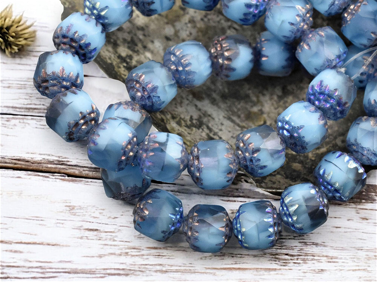 *15* 8mm Metallic Purple Washed Sky Blue Crystal Fire Polished Cathedral Beads