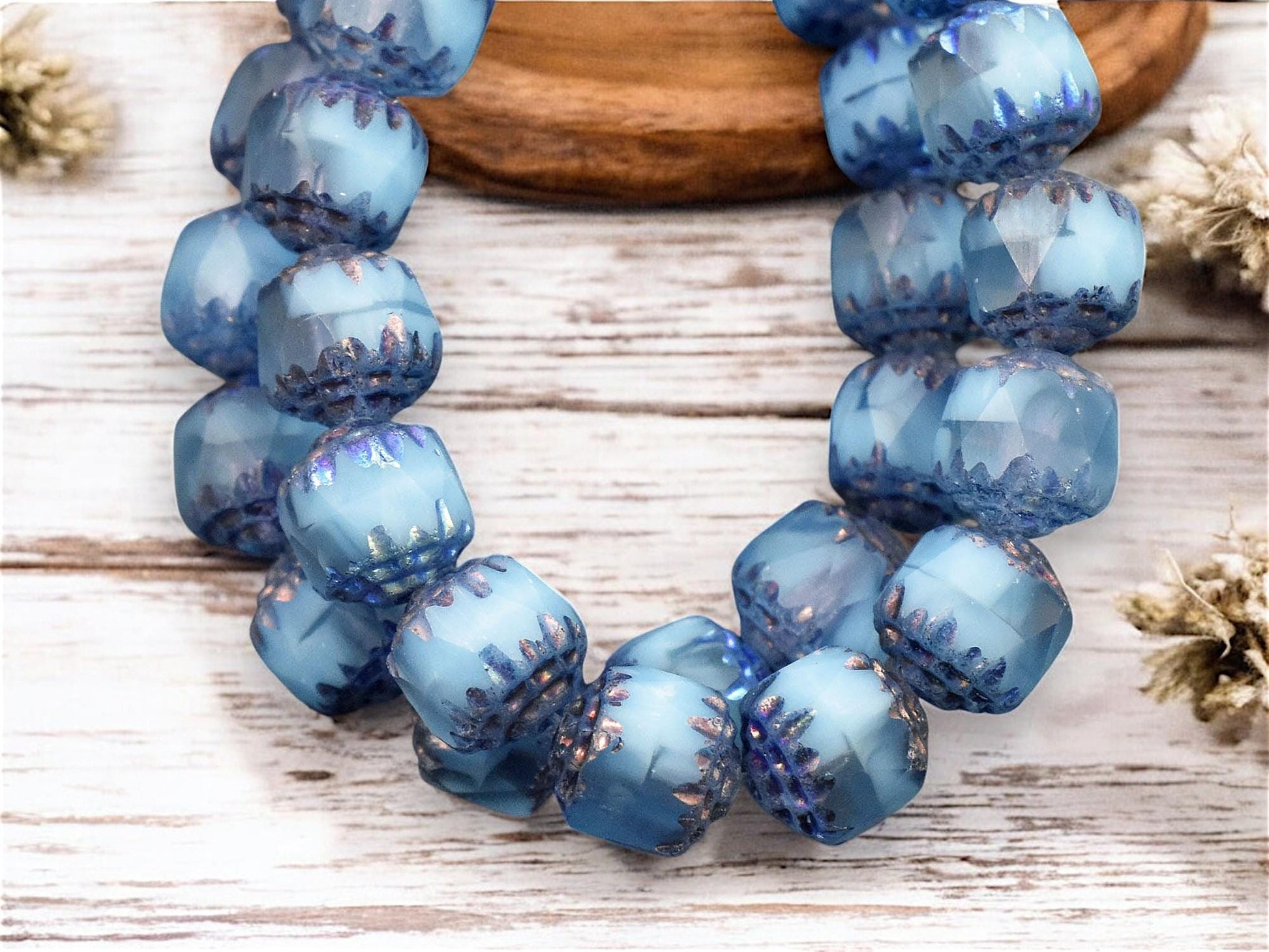 *15* 8mm Metallic Purple Washed Sky Blue Crystal Fire Polished Cathedral Beads