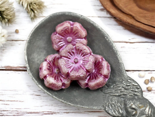 *12* 12mm Gold Lustered Metallic Pink Etched Pink Hawaiian Flower Beads