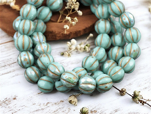 *20* 8mm Gold Washed Turquoise AB Faceted Round Melon Beads