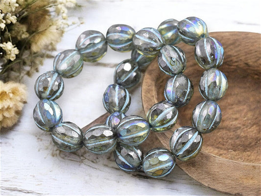 *12* 10mm Turquoise Washed Crystal Picasso AB Faceted Round Melon Beads