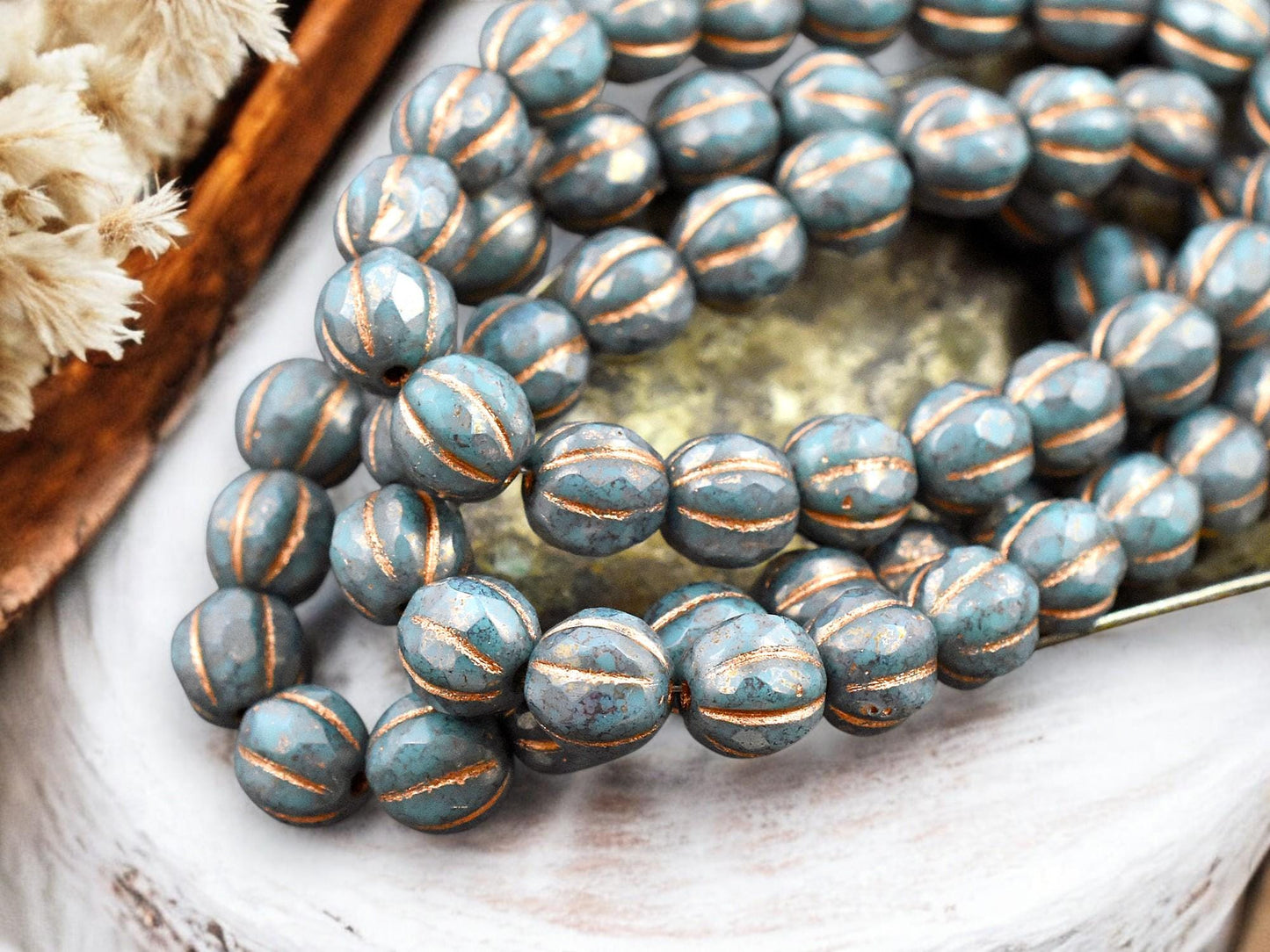 *20* 8mm Copper Washed Bronzed Opaque Teal Faceted Round Melon Beads
