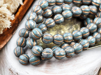 *20* 8mm Copper Washed Bronzed Opaque Teal Faceted Round Melon Beads