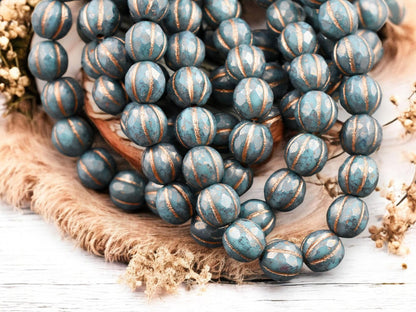 *20* 8mm Copper Washed Bronzed Opaque Teal Faceted Round Melon Beads