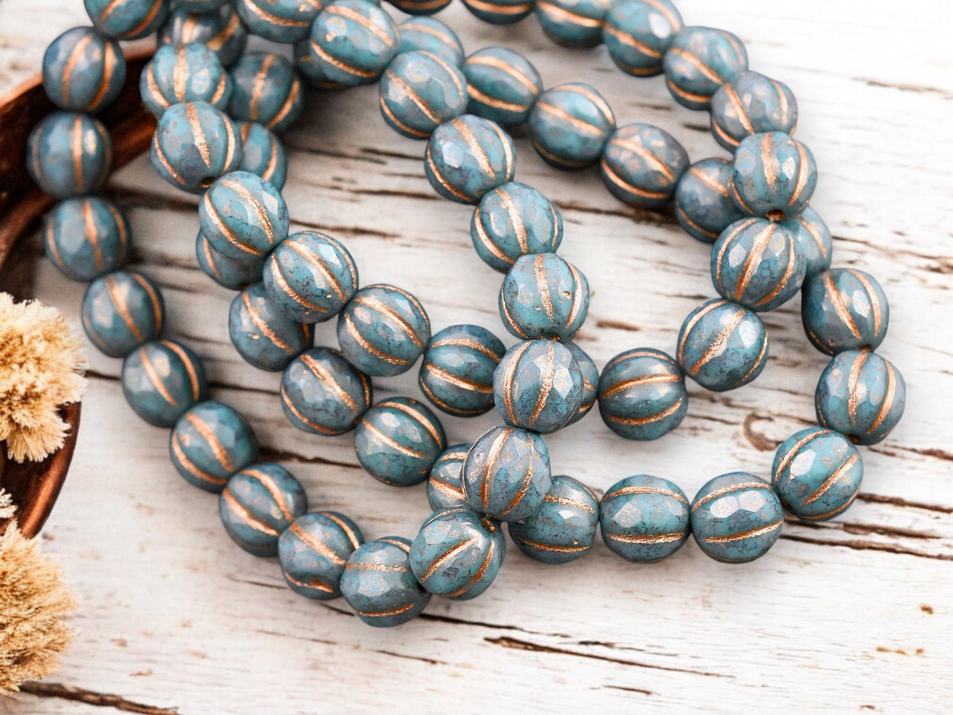 *20* 8mm Copper Washed Bronzed Opaque Teal Faceted Round Melon Beads