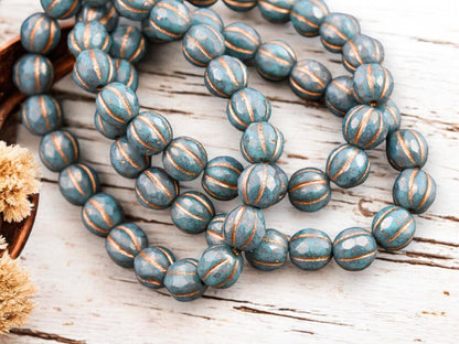 *20* 8mm Copper Washed Bronzed Opaque Teal Faceted Round Melon Beads