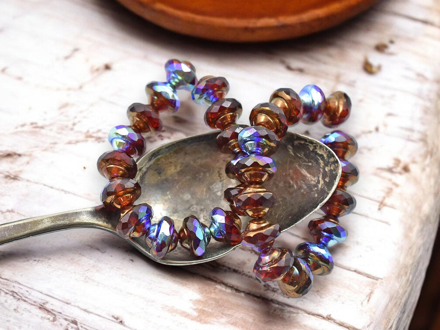 *15* 6x8mm Bronze Washed Blended Ruby Red & Orange Saturn Beads