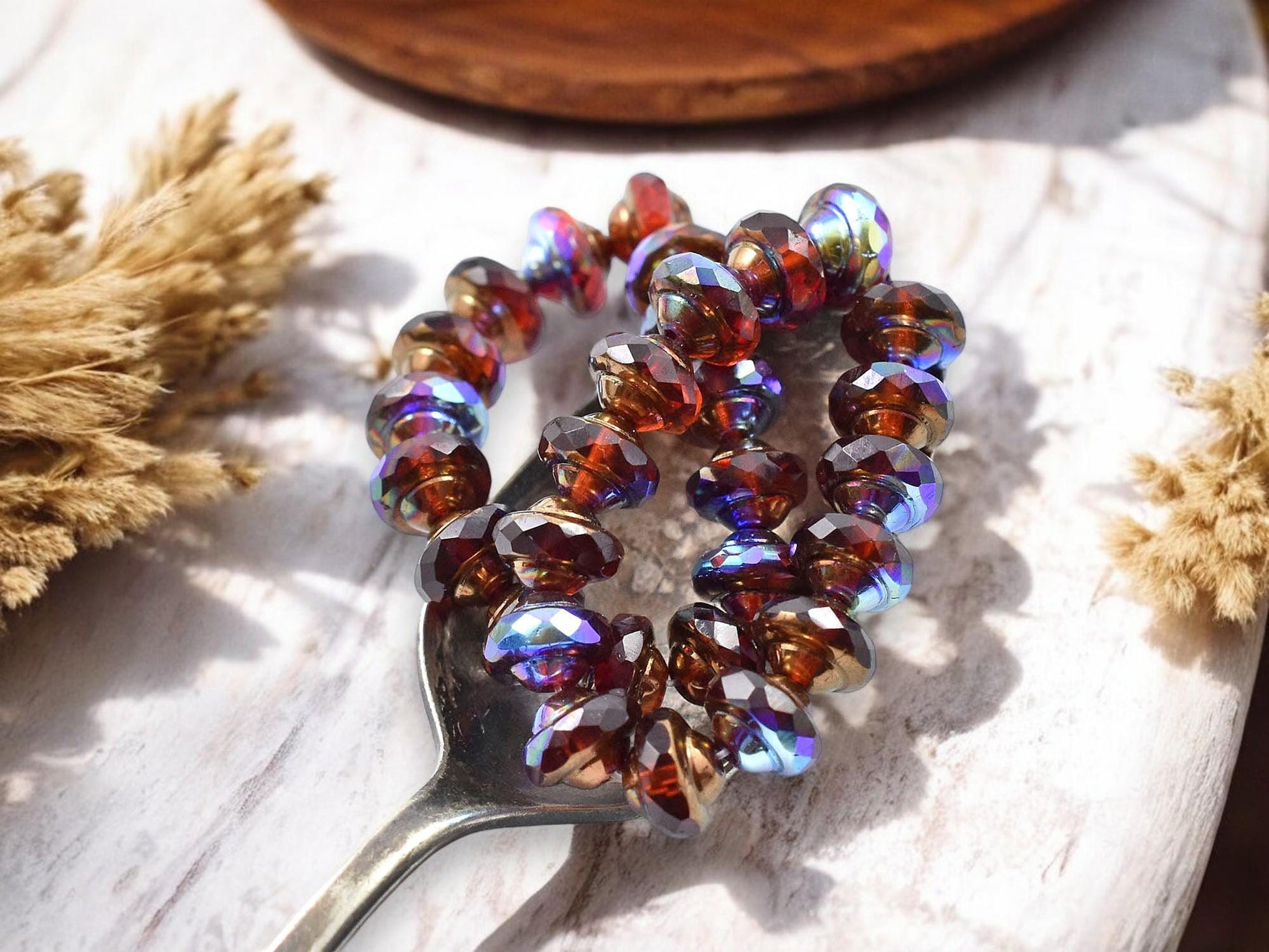 *15* 6x8mm Bronze Washed Blended Ruby Red & Orange Saturn Beads