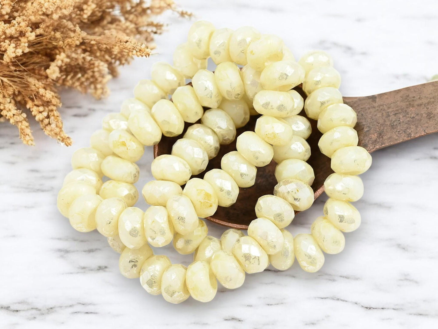 *10* 5x8mm Silver Picasso Washed Yellow Ivory Faceted Large Hole Rondelle Roller Beads