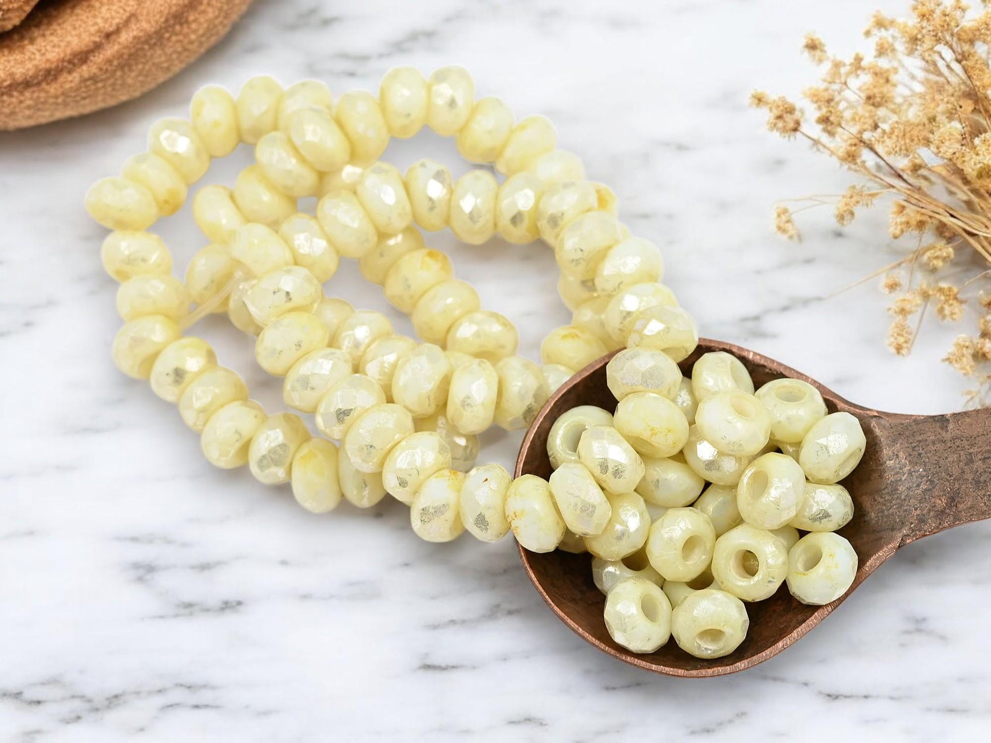 *10* 5x8mm Silver Picasso Washed Yellow Ivory Faceted Large Hole Rondelle Roller Beads