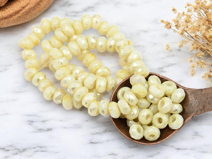 *10* 5x8mm Silver Picasso Washed Yellow Ivory Faceted Large Hole Rondelle Roller Beads