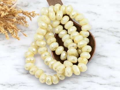 *10* 5x8mm Silver Picasso Washed Yellow Ivory Faceted Large Hole Rondelle Roller Beads