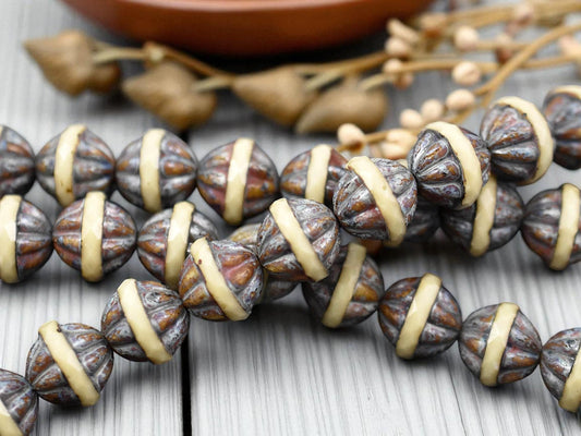 *11* 12x13mm Opaque Beige Ivory Travertine Center Cut Saturn Beads