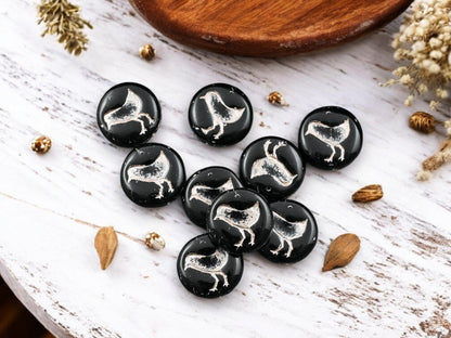 *15* 12mm Platinum Washed Jet Black Bird Coin Beads