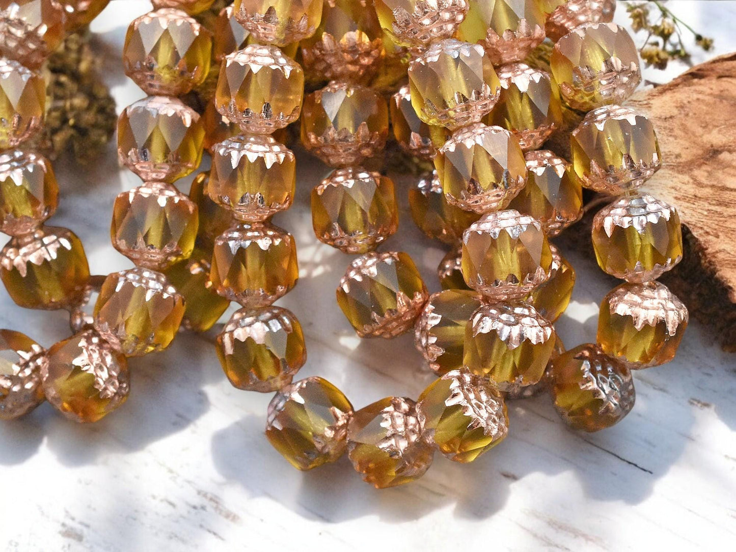 *15* 8mm Copper Washed Matte Yellow Topaz Polished Cathedral Beads