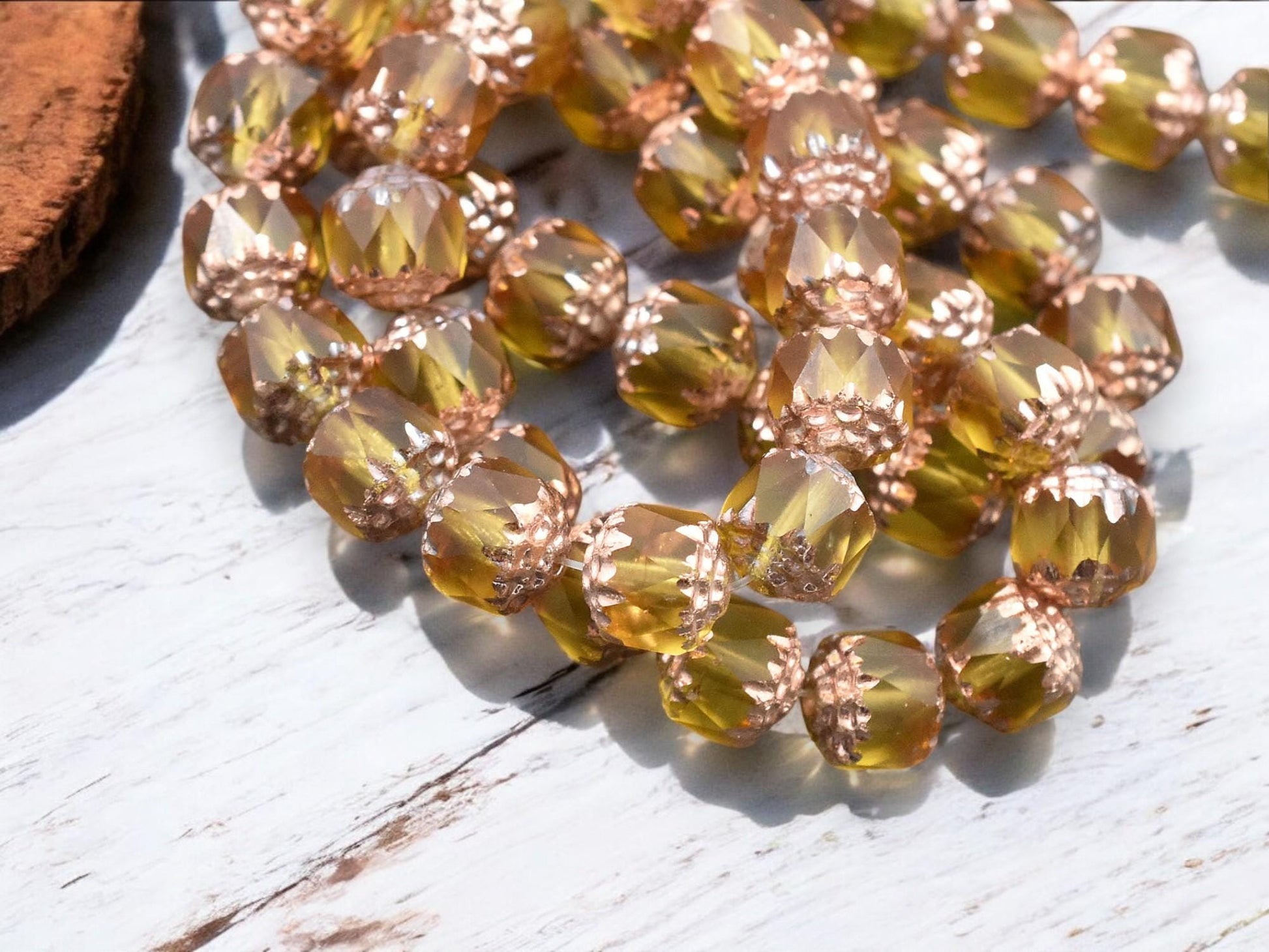 *15* 8mm Copper Washed Matte Yellow Topaz Polished Cathedral Beads