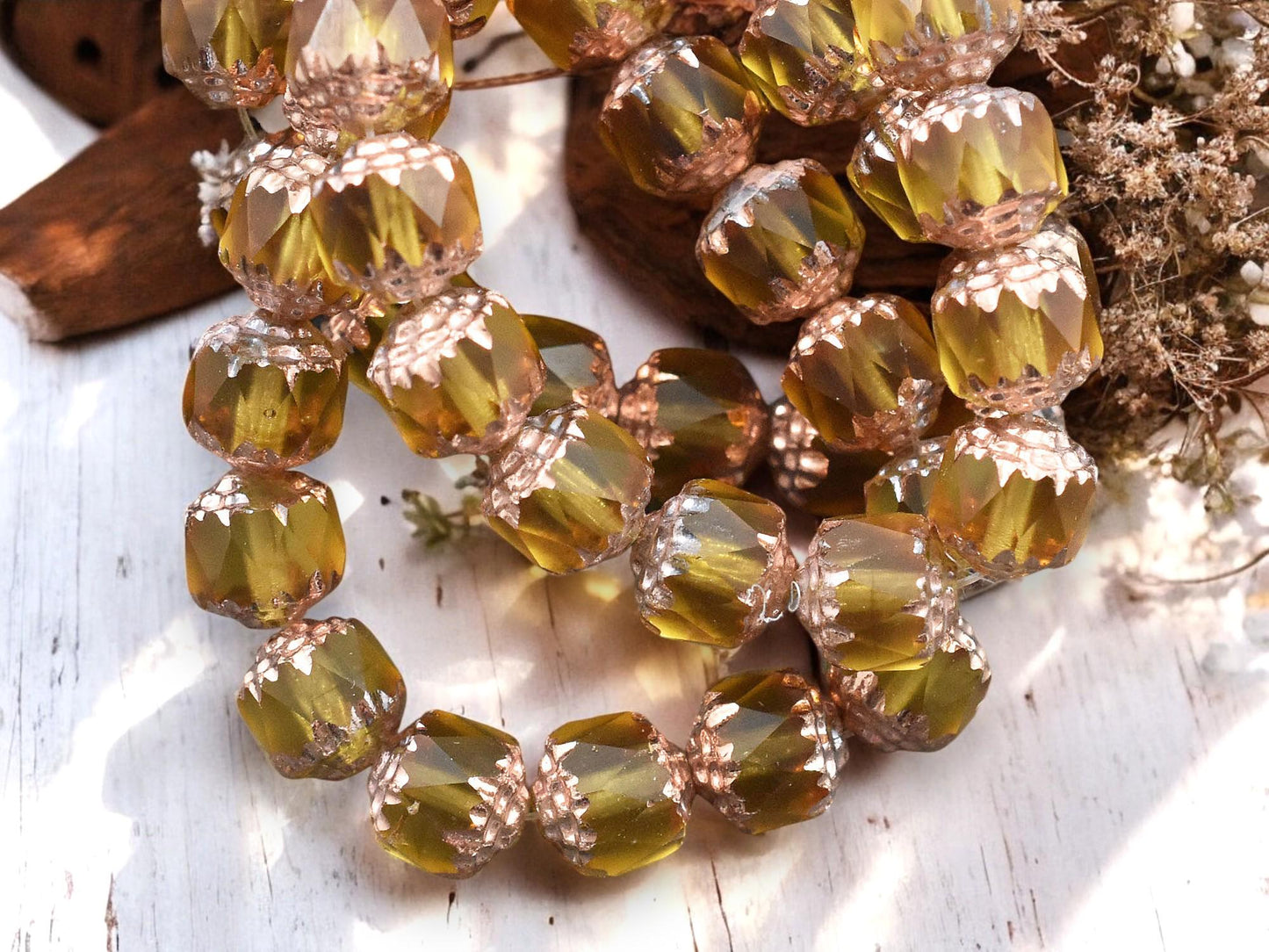 *15* 8mm Copper Washed Matte Yellow Topaz Polished Cathedral Beads