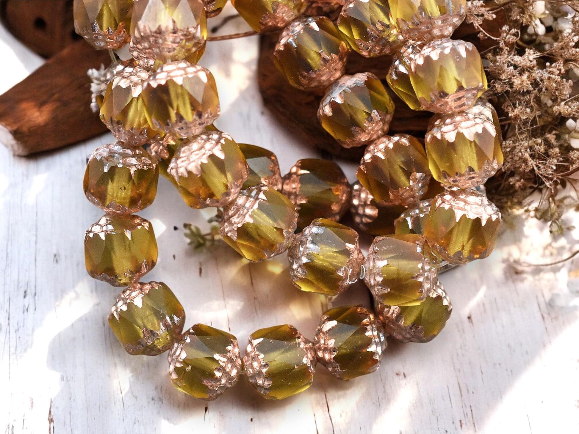 *15* 8mm Copper Washed Matte Yellow Topaz Polished Cathedral Beads