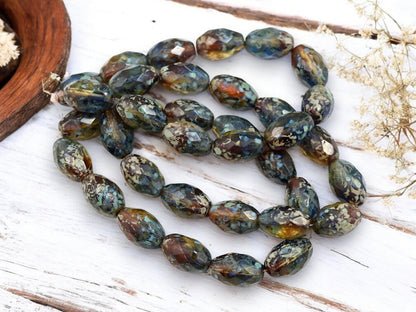 *12* 12x8mm Moss Amber Picasso Fire Polished Faceted Oval Beads