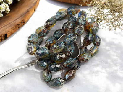 *12* 12x8mm Moss Amber Picasso Fire Polished Faceted Oval Beads