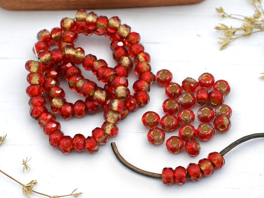 *25* 5x8mm Gold Lined Ruby Red Faceted Large Hole Rondelle Roller Beads