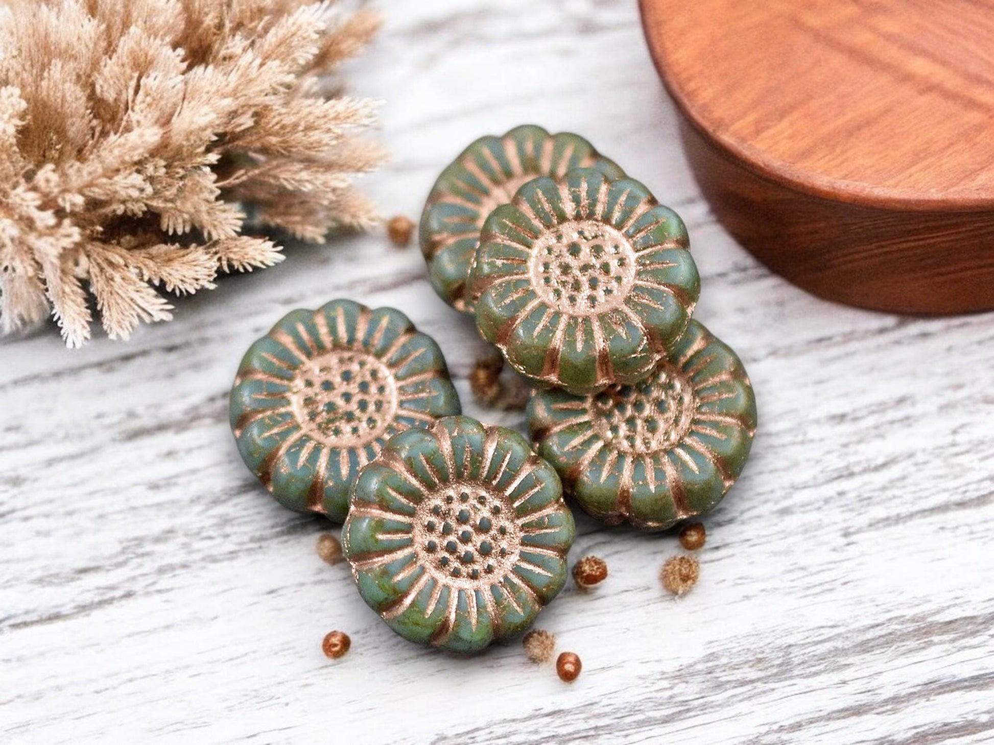 *12* 13mm Copper Washed Opaque Turquoise Picasso Sunflower Coin Beads