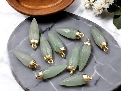 25-26mm Gold Tone Natural green Aventurine Pointed Bullet Pendant