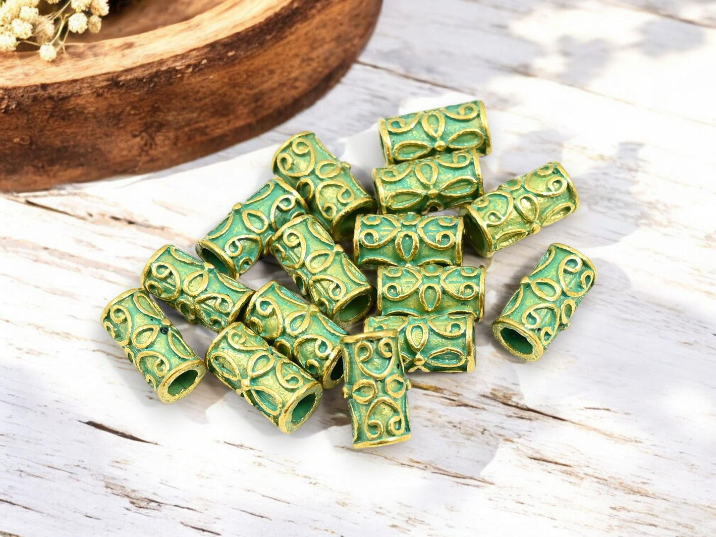 Metal Beads - Patina Beads - Gold Beads - Tube Beads - Spacer Beads - Metal Spacers - 11x6mm - 30pcs - (4054)