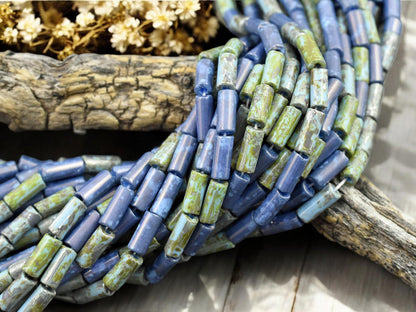 9x4mm Aged Wampum Blue Turquoise Picasso Bugle Bead Mix (21" Strand)