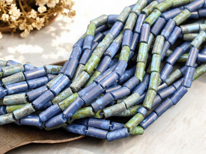 9x4mm Aged Wampum Blue Turquoise Picasso Bugle Bead Mix (21" Strand)