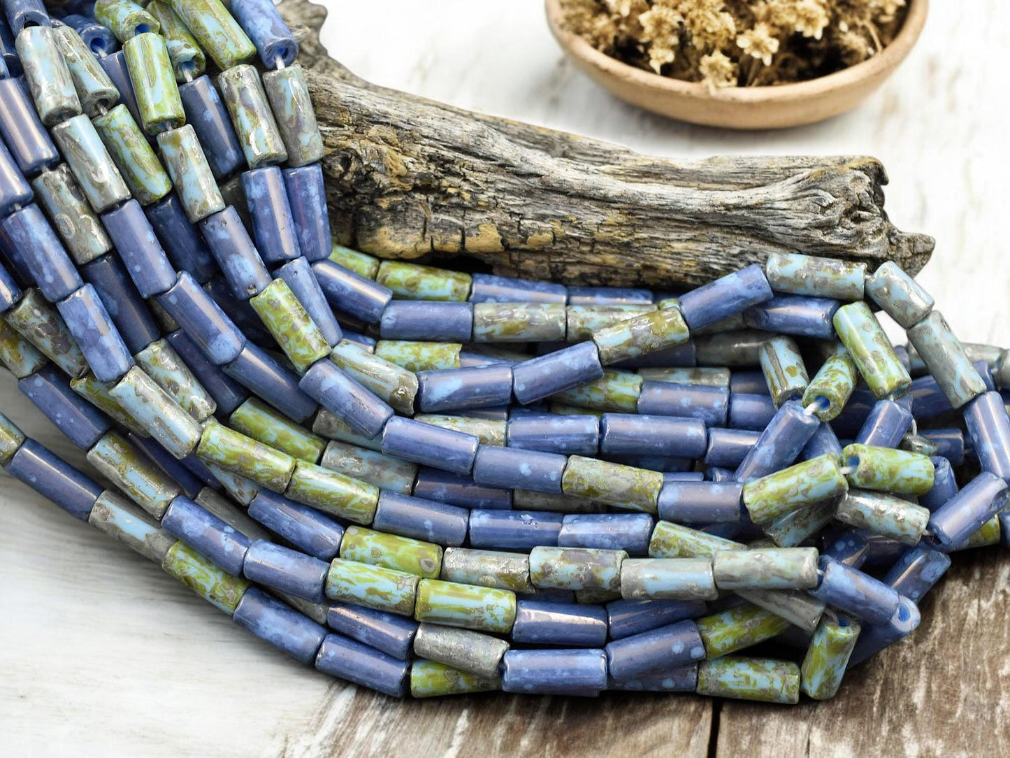 9x4mm Aged Wampum Blue Turquoise Picasso Bugle Bead Mix (21" Strand)