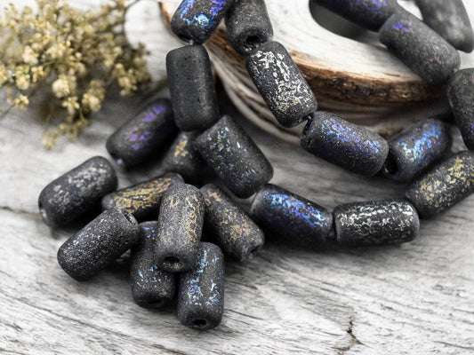 *10* 14x7mm Metallic Purple & Gold Washed Etched Jet Black Large Hole Tube Beads