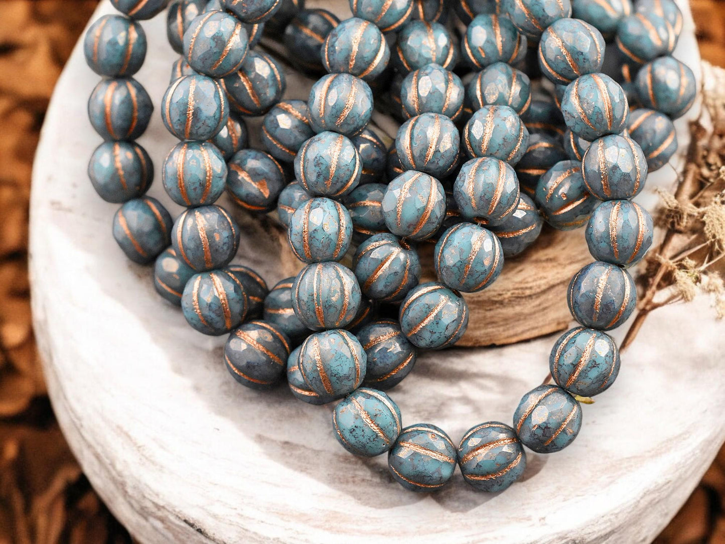 *20* 8mm Copper Washed Bronzed Opaque Teal Faceted Round Melon Beads