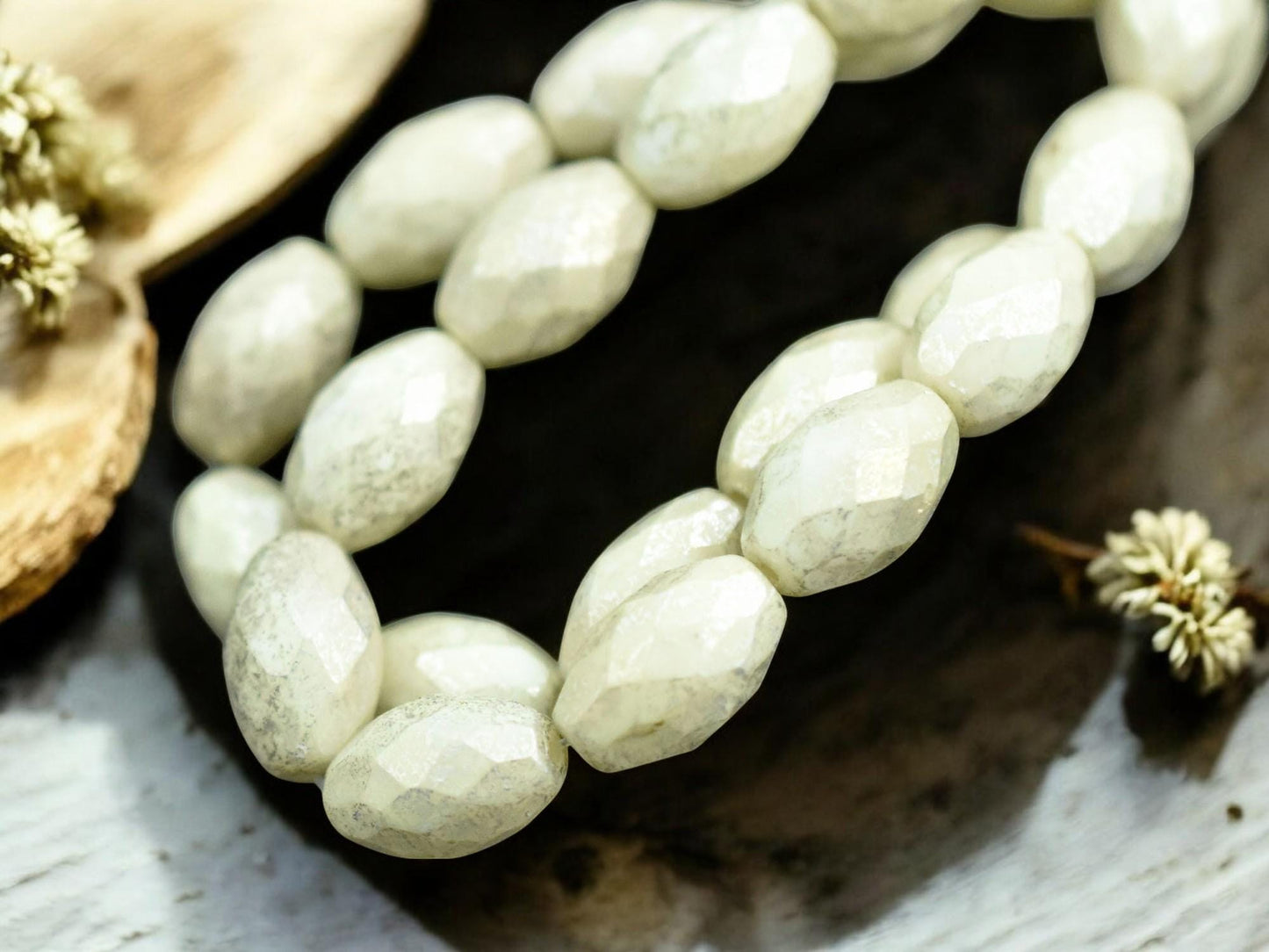 *12* 12x8mm Silver Merucry Washed Ivory Fire Polished Faceted Oval Beads