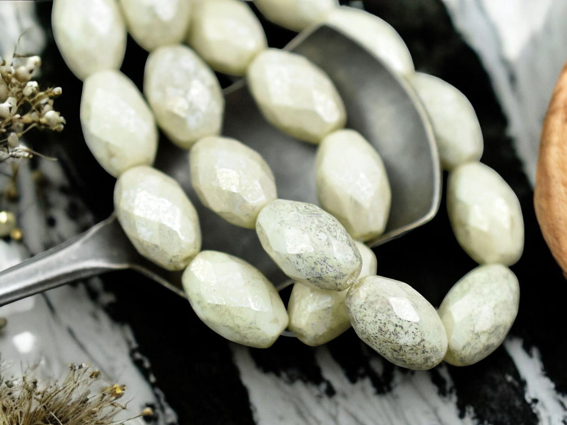 *12* 12x8mm Silver Merucry Washed Ivory Fire Polished Faceted Oval Beads