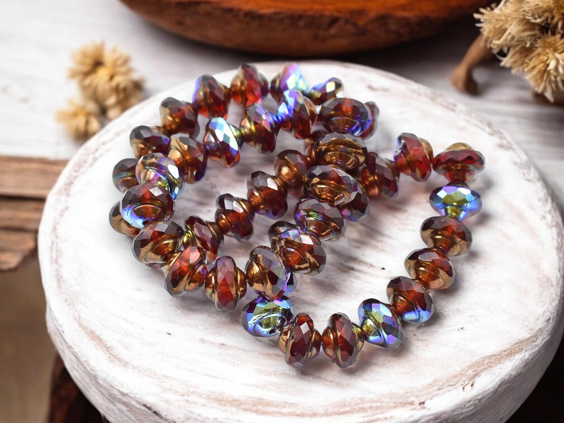 *15* 6x8mm Bronze Washed Blended Ruby Red & Orange Saturn Beads