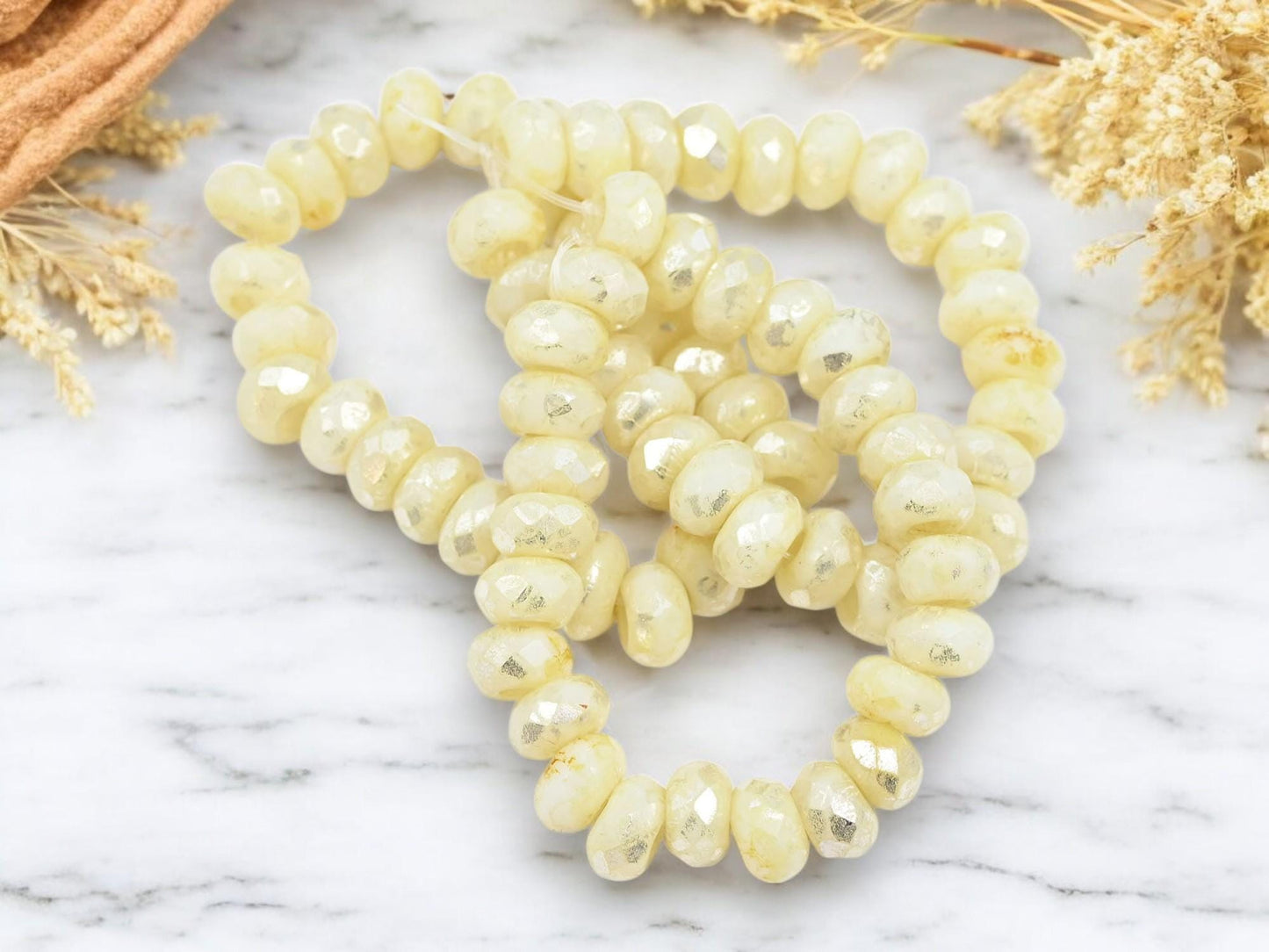 *10* 5x8mm Silver Picasso Washed Yellow Ivory Faceted Large Hole Rondelle Roller Beads