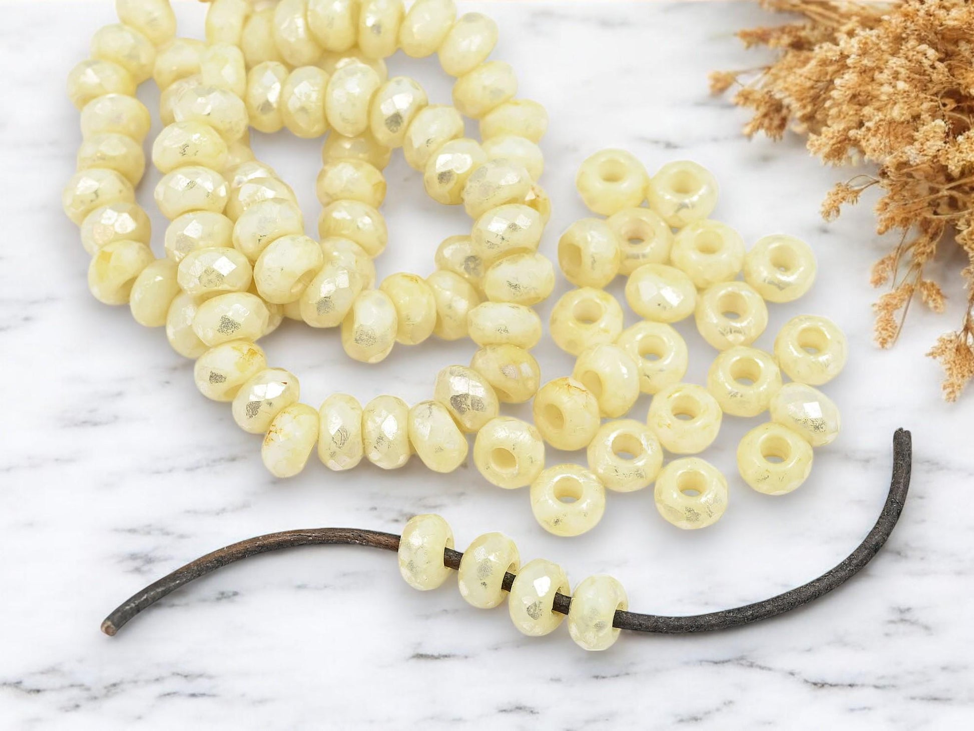 *10* 5x8mm Silver Picasso Washed Yellow Ivory Faceted Large Hole Rondelle Roller Beads