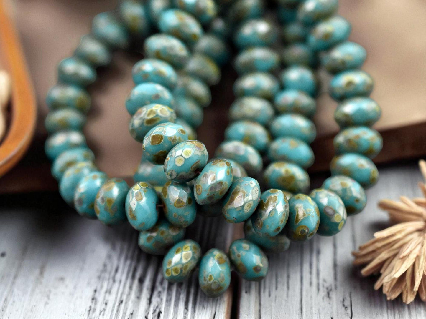 *25* 6x8mm Teal Turquoise Picasso Fire Polished Rondelle Beads