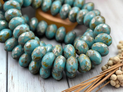 *25* 6x8mm Teal Turquoise Picasso Fire Polished Rondelle Beads