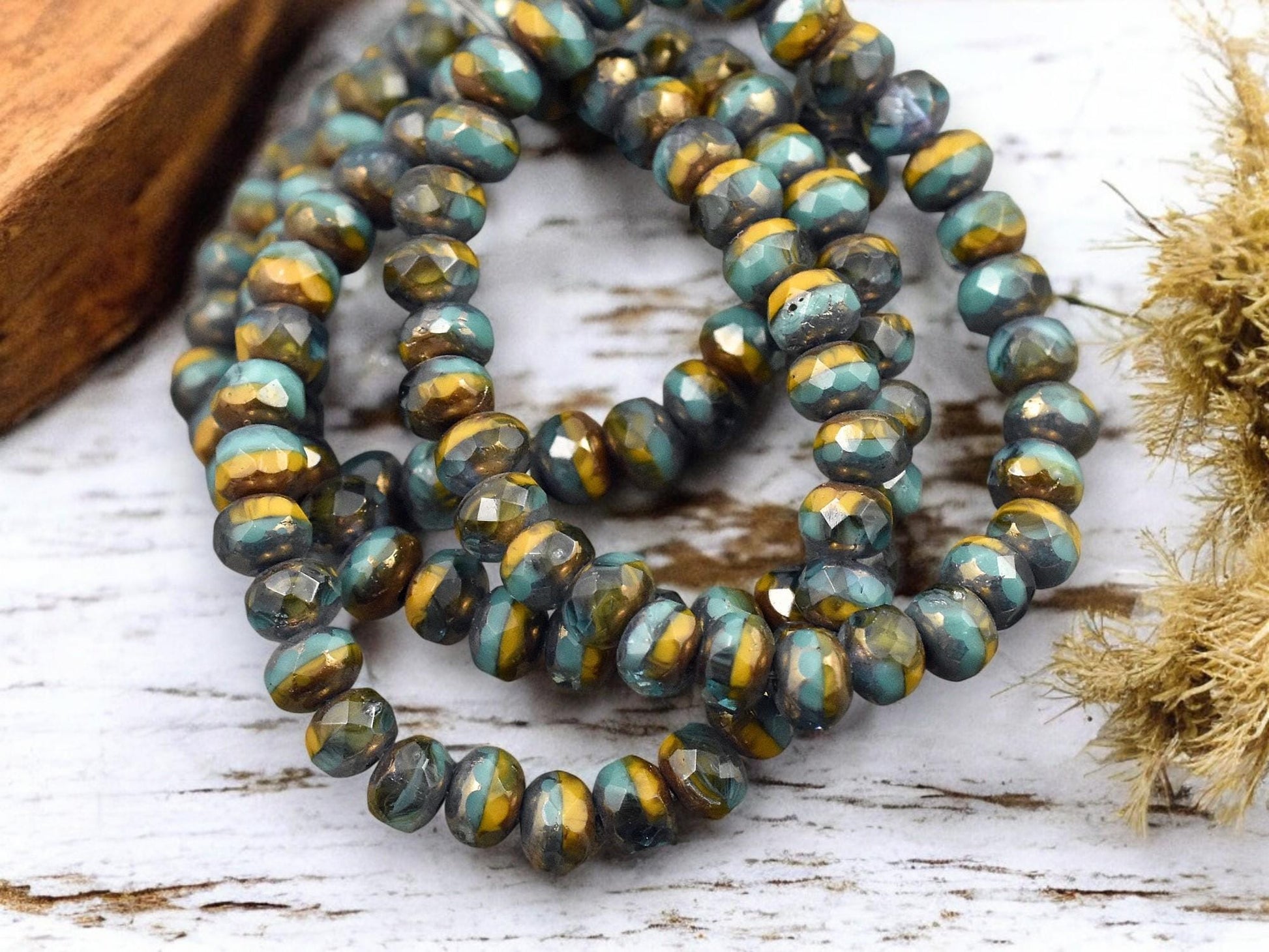 *30* 3x5mm Bronze Washed Blended Turquoise Aqua & Orange Fire Polished Rondelle Beads